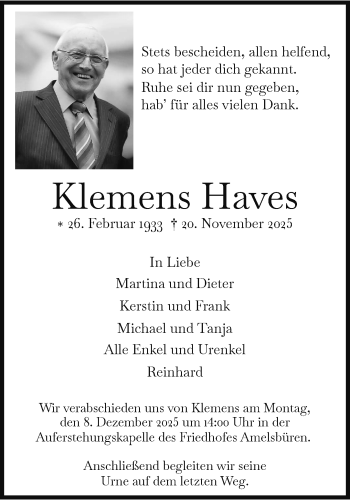 Anzeige von Klemens Haves 
