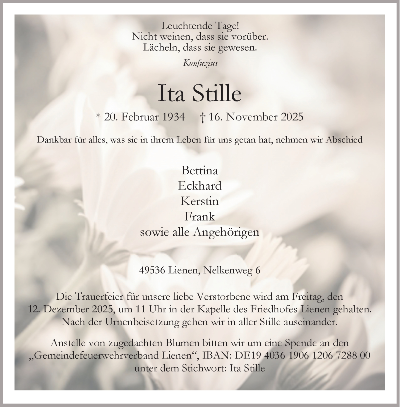  Traueranzeige für Ita Stille vom 29.11.2025 aus 