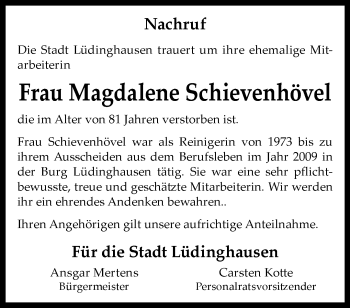 Anzeige von Magdalene Schievenhövel 