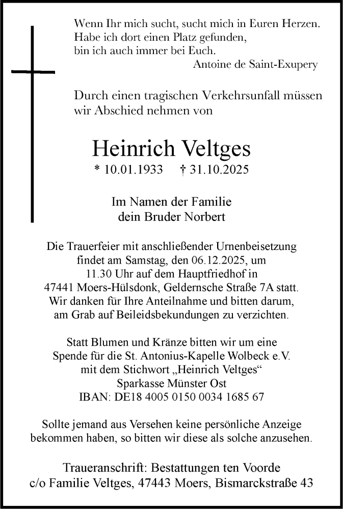  Traueranzeige für Heinrich Veltges vom 22.11.2025 aus 