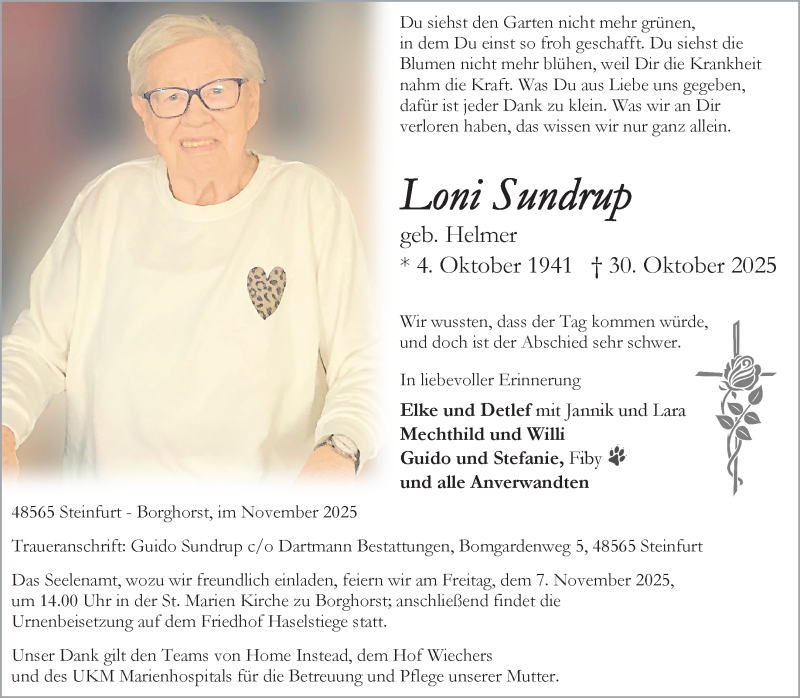  Traueranzeige für Loni Sundrup vom 05.11.2025 aus 
