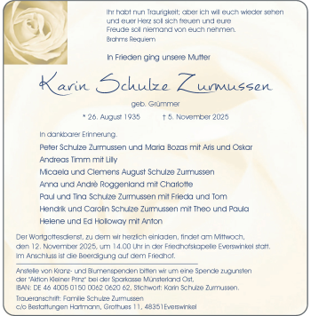 Anzeige von Karin Schulze Zurmussen 