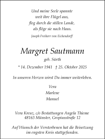 Anzeige von Margret Sautmann 