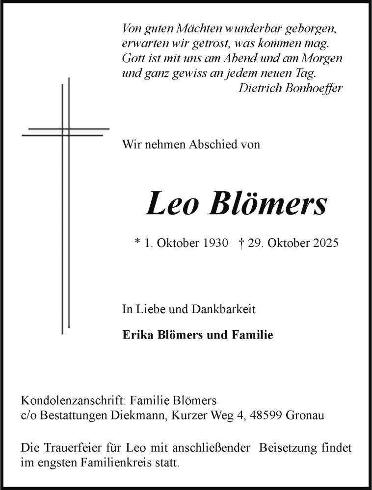  Traueranzeige für Leo Blömers vom 05.11.2025 aus 