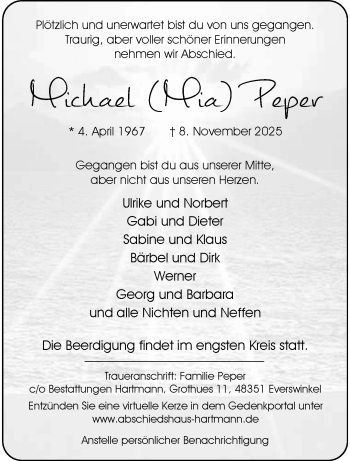 Anzeige von Michael Peper 