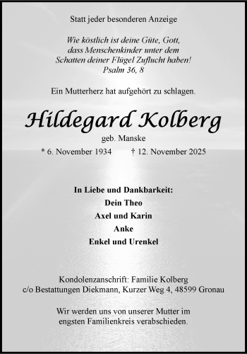 Anzeige von Hildegard Kolberg 