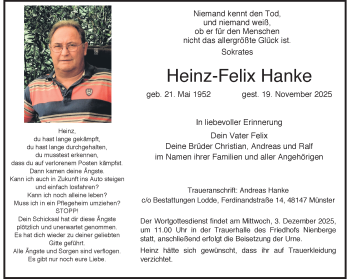 Anzeige von Heinz Felix Hanke 