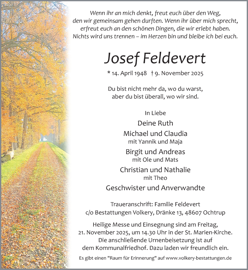  Traueranzeige für Josef Feldevert vom 13.11.2025 aus 