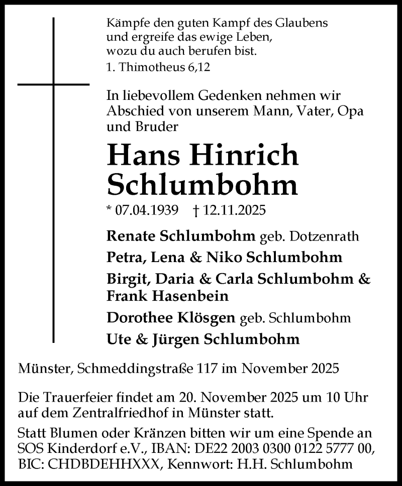  Traueranzeige für Hans Hinrich Schlumbohm vom 15.11.2025 aus 