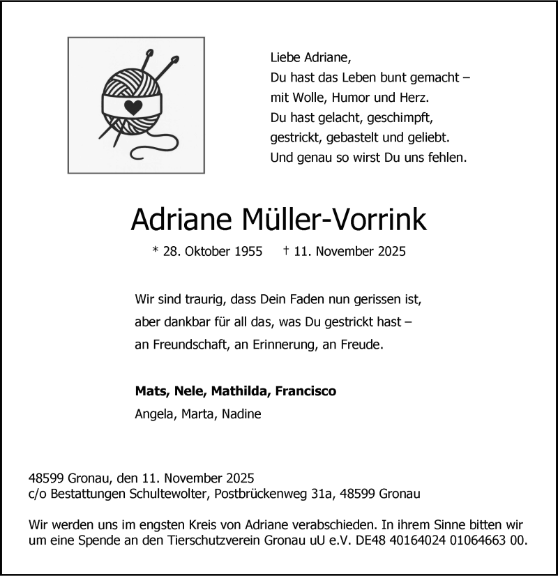  Traueranzeige für Adriane Müller-Vorrink vom 15.11.2025 aus 