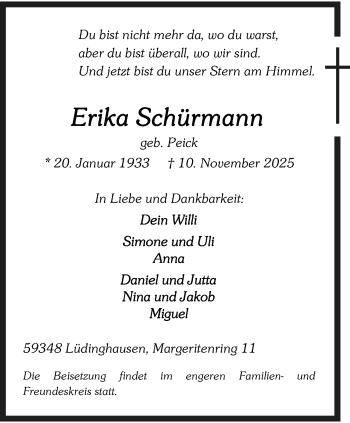 Anzeige von Erika Schürmann 