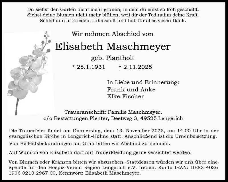  Traueranzeige für Elisabeth Maschmeyer vom 08.11.2025 aus 