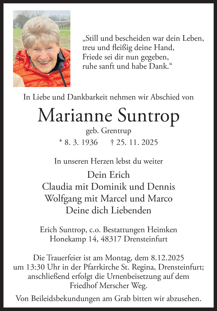  Traueranzeige für Marianne Suntrop vom 29.11.2025 aus 