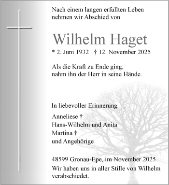 Anzeige von Wilhelm Haget 