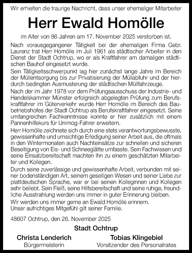  Traueranzeige für Ewald Homölle vom 26.11.2025 aus 