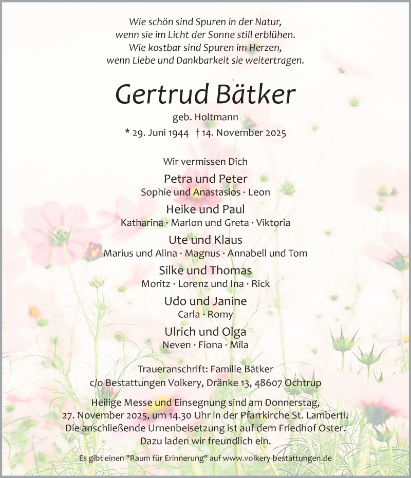  Traueranzeige für Gertrud Bätker vom 19.11.2025 aus 