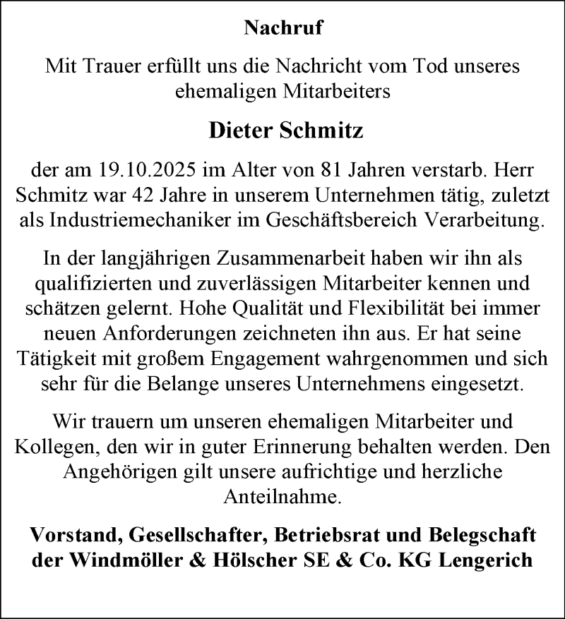  Traueranzeige für Dieter Schmitz vom 05.11.2025 aus 