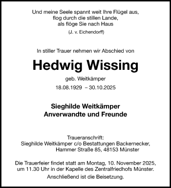 Anzeige von Hedwig Wissing 