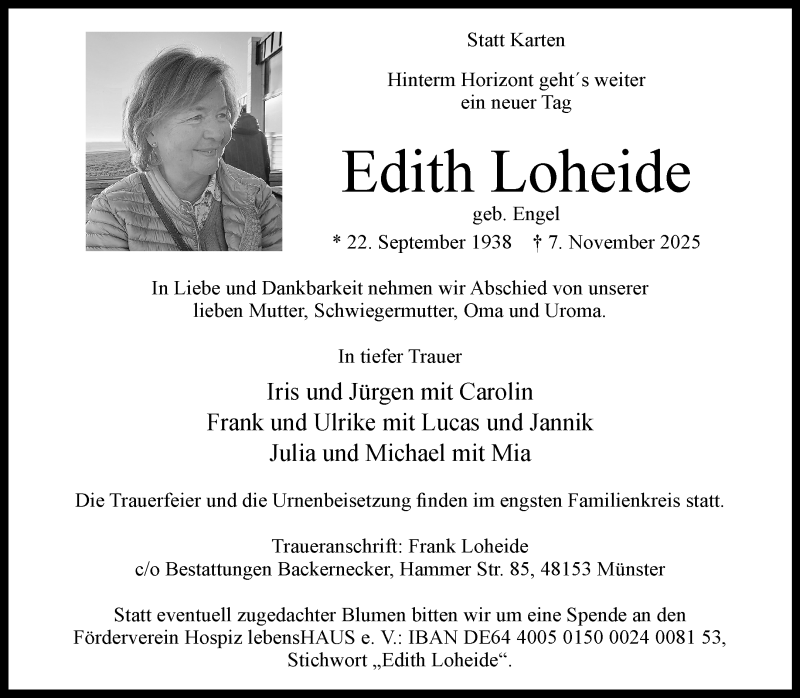  Traueranzeige für Edith Loheide vom 15.11.2025 aus 
