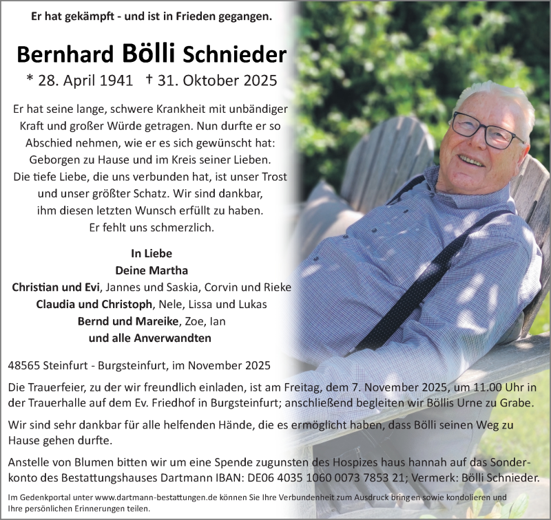  Traueranzeige für Bernhard Bölli Schnieder vom 05.11.2025 aus 