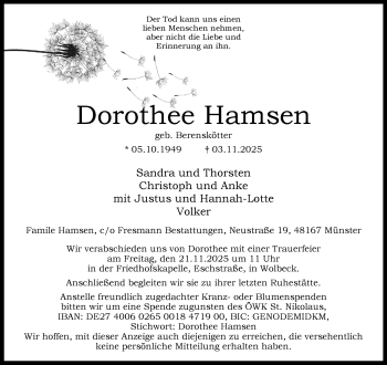 Anzeige von Dorothee Hamsen 