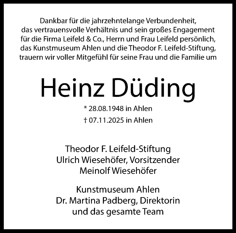  Traueranzeige für Heinz Düding vom 15.11.2025 aus 