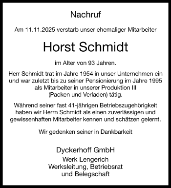 Anzeige von Horst Schmidt 
