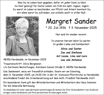 Anzeige von Margret Sander 