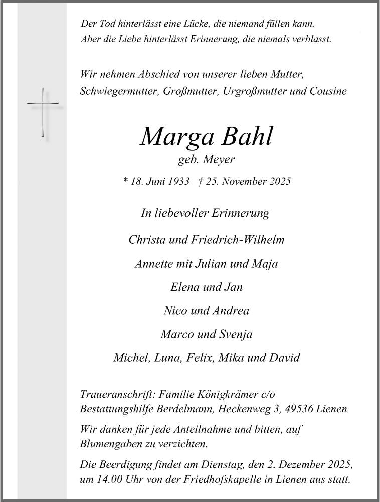  Traueranzeige für Marga Bahl vom 29.11.2025 aus 