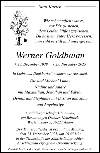 Anzeige von Werner Goldbaum 