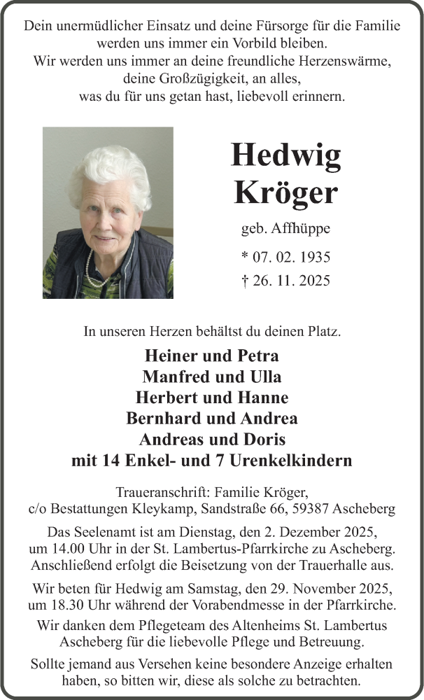  Traueranzeige für Hedwig Kröger vom 29.11.2025 aus 