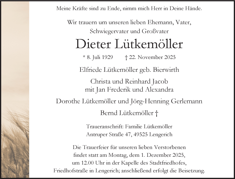  Traueranzeige für Dieter Lütkemöller vom 27.11.2025 aus 