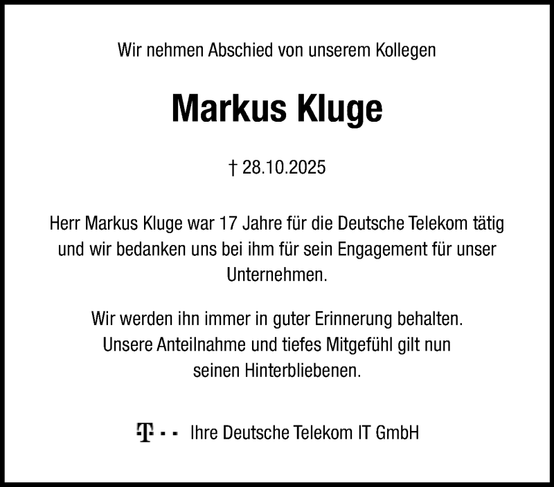  Traueranzeige für Markus Kluge vom 18.11.2025 aus 