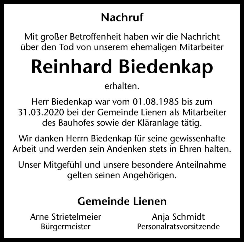  Traueranzeige für Reinhard Biedenkap vom 08.11.2025 aus 