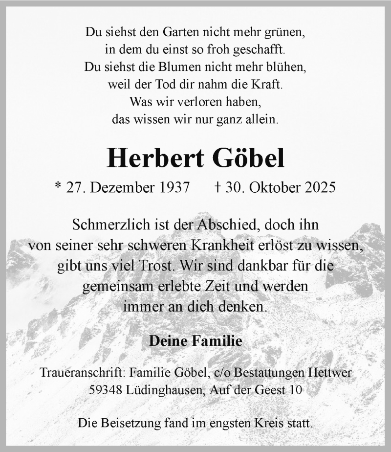  Traueranzeige für Herbert Göbel vom 29.11.2025 aus 