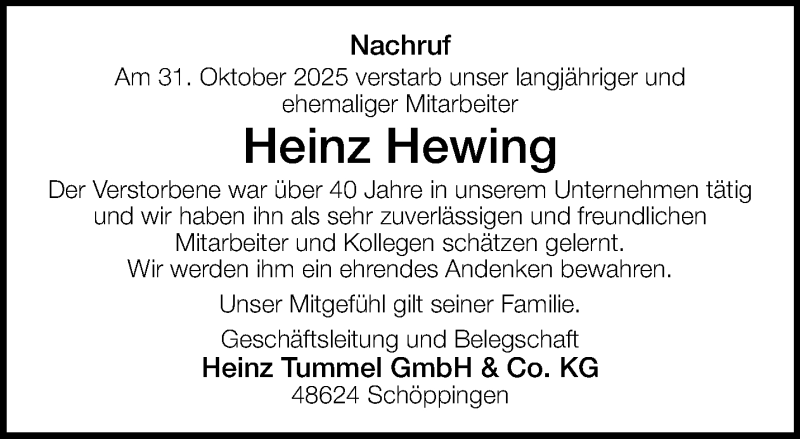  Traueranzeige für Heinz Hewing vom 11.11.2025 aus 