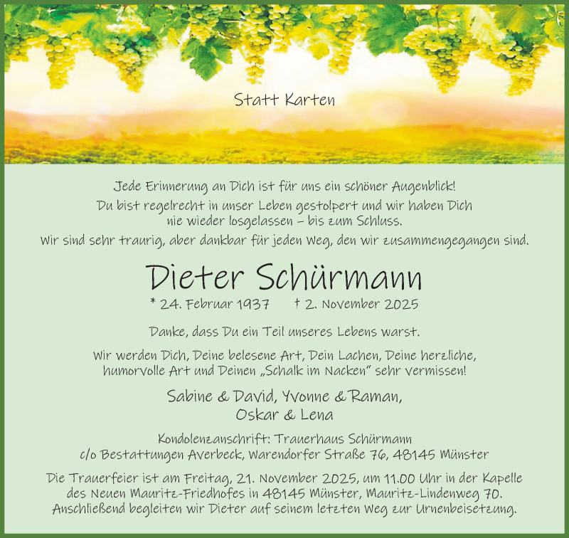  Traueranzeige für Dieter Schürmann vom 15.11.2025 aus 
