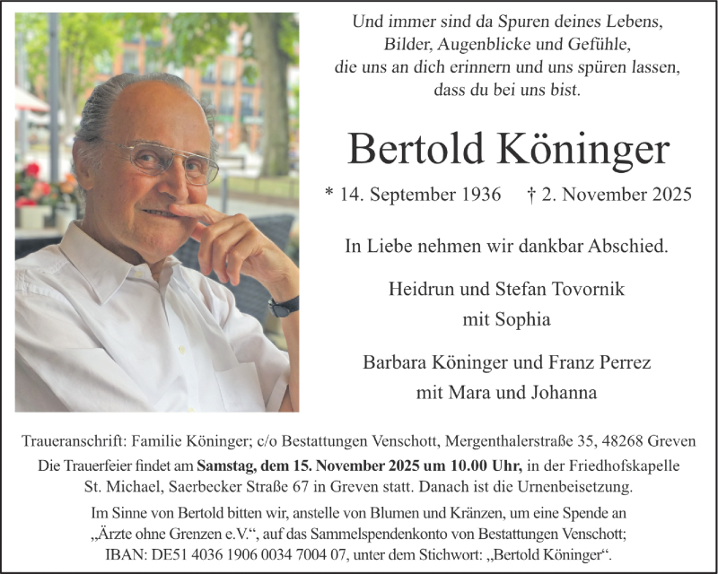  Traueranzeige für Bertold Könninger vom 08.11.2025 aus 