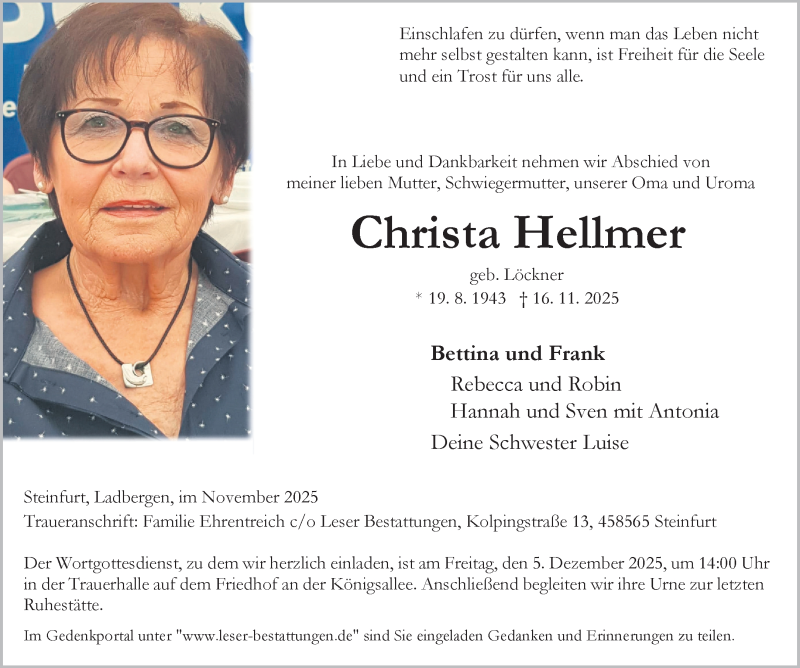  Traueranzeige für Christa Hellmer vom 29.11.2025 aus 