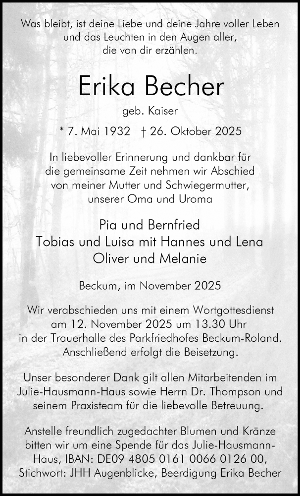  Traueranzeige für Erika Becher vom 08.11.2025 aus 