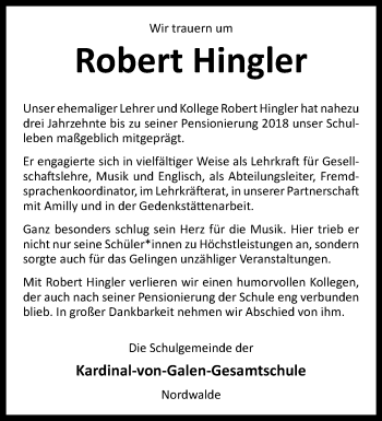 Anzeige von Robert Hingler 
