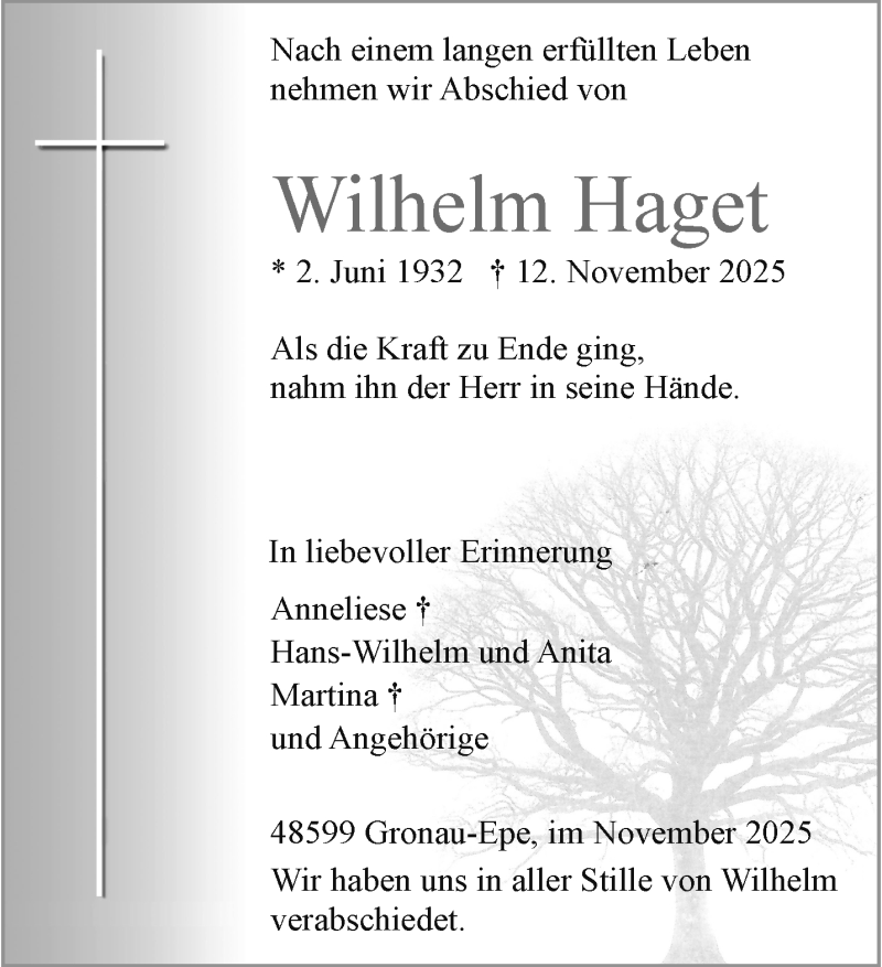  Traueranzeige für Wilhelm Haget vom 22.11.2025 aus 