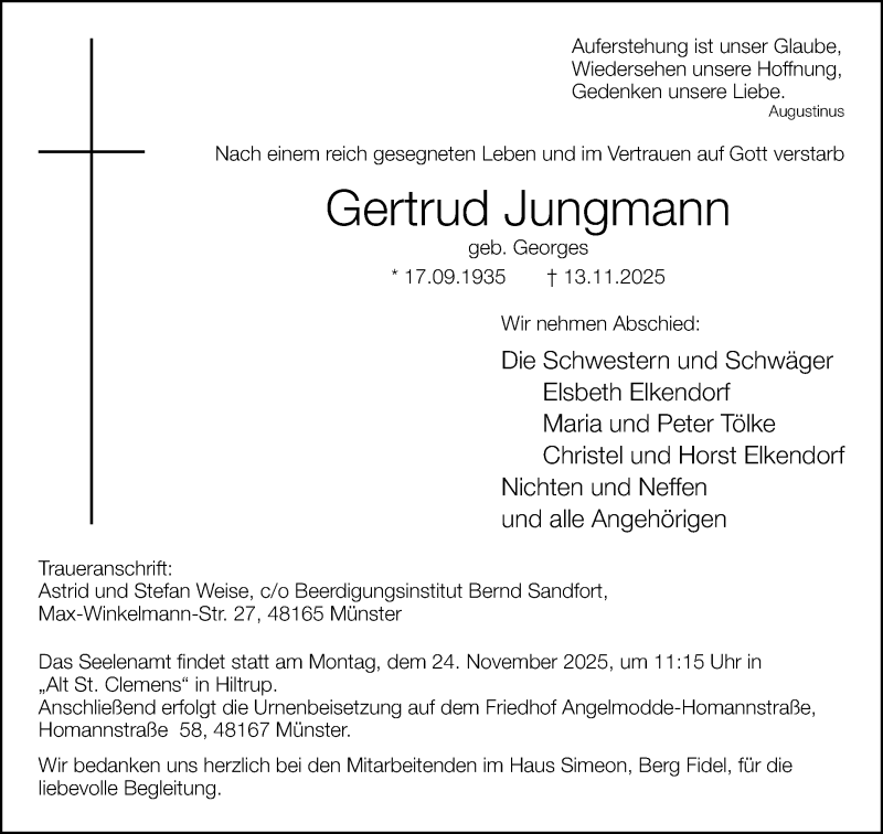 Traueranzeige für Gertrud Jungmann vom 19.11.2025 aus 