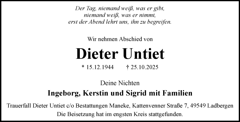  Traueranzeige für Dieter Untiet vom 22.11.2025 aus 