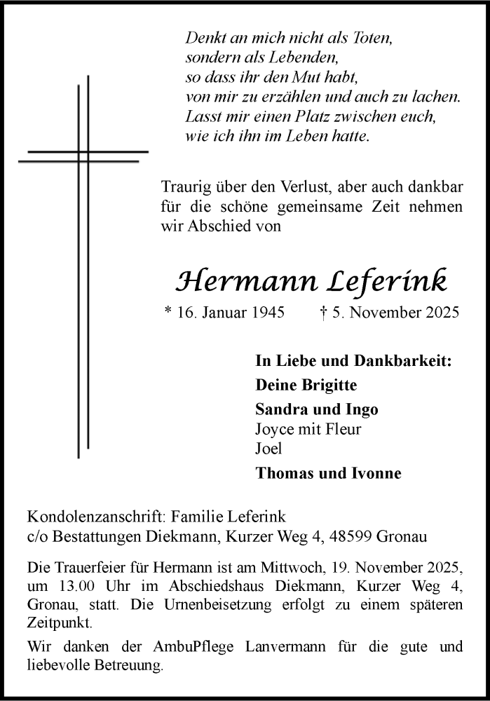  Traueranzeige für Hermann Leferink vom 12.11.2025 aus 