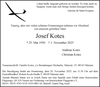 Anzeige von Josef Kotes 