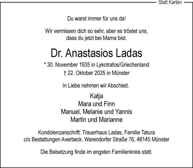  Traueranzeige für Dr. Anastasios Ladas vom 08.11.2025 aus 