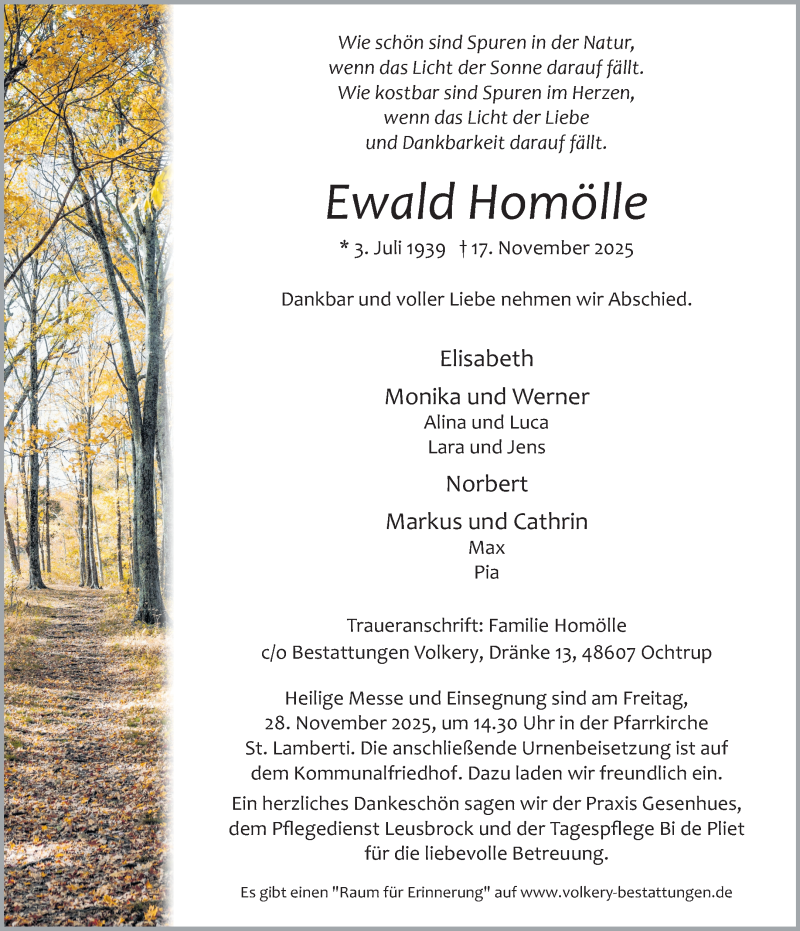  Traueranzeige für Ewald Homölle vom 20.11.2025 aus 