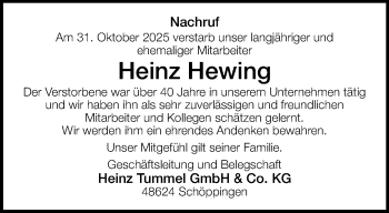 Anzeige von Heinz Hewing 
