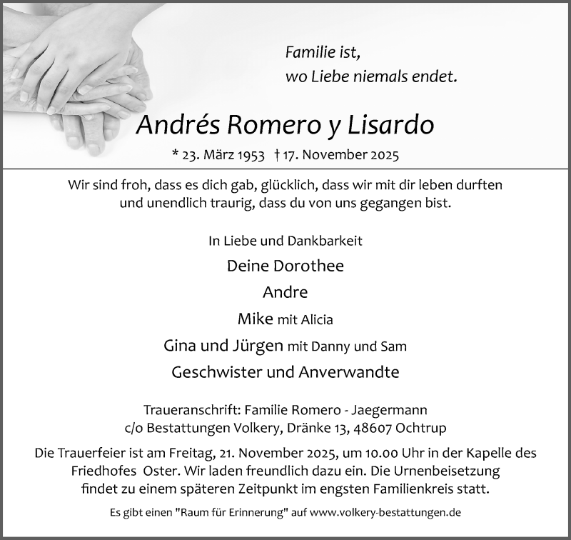  Traueranzeige für Andrés Romero y Lisardo vom 19.11.2025 aus 